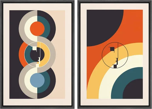 Miniatura 76 de IDEA4WALL Lienzo enmarcado para pared, juego de arte Bauhaus dorado de mediados de siglo, patrón de cuadrícula moderna, ilustraciones con formas