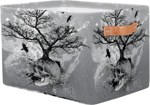 Miniatura 3 de Cesta de almacenamiento de calavera de Halloween, contenedor de almacenamiento plegable de cuervo de árbol de acuarela con asa de tela, caja