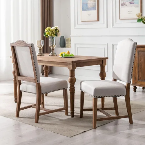 Miniatura 8 de ROCITY Juego de 2 sillas de comedor de lino tapizadas color beige, sillas laterales de cocina con patas de madera y ribete de cabeza de clavo