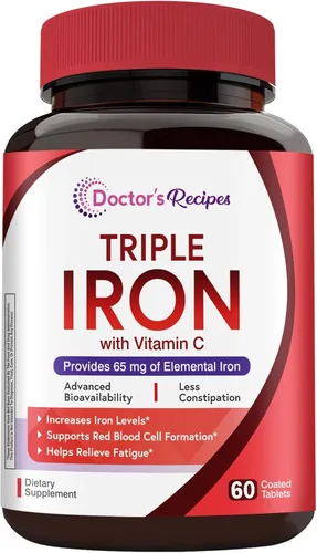 Doctor's Recipes Suplemento de hierro para mujeres y hombres, 65 mg de sulfato de bisglicinato ferroso carbonil hierro, no estreñimiento, vitamina C