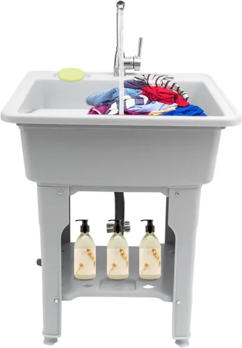 Miniatura 12 de Fregadero de lavandería de plástico independiente blanco con tabla de lavadero, fregadero de utilidad para interiores y exteriores con grifo de agua
