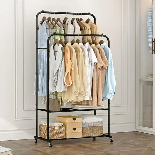Miniatura 3 de SUOERNUO Perchero con ruedas para ropa, estante para colgar ropa resistente, estante metálico enrollable para dormitorio, armario (Negro)
