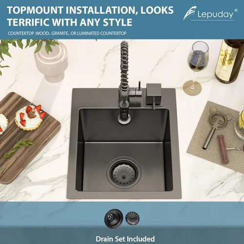 Miniatura 6 de Black Bar Sink Drop in 13x15 Inch Topmount Single Bowl Kitchen Sink Handmade T304 Stainless Steel Wet Bar Sink Outdoor RV Handmade Small Prep Sink
