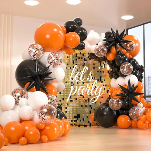 Kit de arco de 161 globos de color negro, blanco y naranja, con 3 globos de papel de aluminio en explosión de estrellas para cumpleaños, graduación,