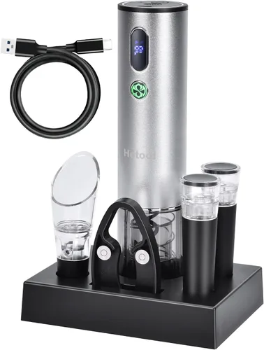 Abridor de vino eléctrico con accesorios para vino - Juego de abridor de botellas de vino recargable con base, aireador de vino, cortador de papel