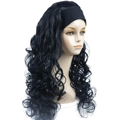 Miniatura 3 de Wiginway 18 pulgadas largo rizado ondulado peluca resistente al calor fibra sintética con diadema negro moda natural para las mujeres negro Jet