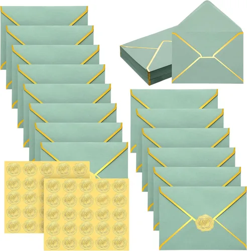 Miniatura 8 de 50 piezas de sobres A7 5 x 7 sobres para tarjetas con solapa en V y borde dorado para tarjetas de invitación de boda, graduación, baby shower, Verde