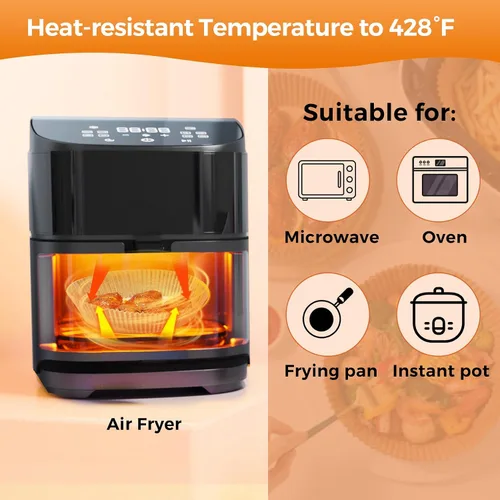 Miniatura 5 de Forros de papel para freidora de aire desechables: 100 piezas redondas para horno de freidora de aire, hojas de pergamino a prueba de grasa y agua