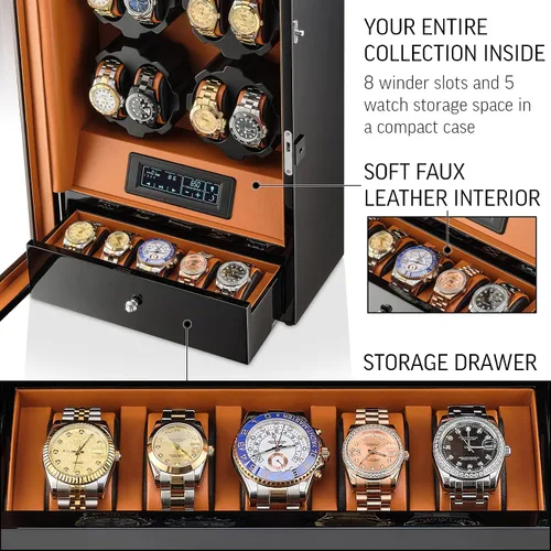 Miniatura 6 de Enrollador de 8 relojes con retroiluminación LED y 5 cajones de almacenamiento de relojes