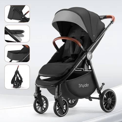 Miniatura 9 de Cochecito Tinyiota para bebés, cochecitos para niños pequeños con gran dosel UPF 50+, cochecito de bebé de lujo con asa de cuero y asiento Negro