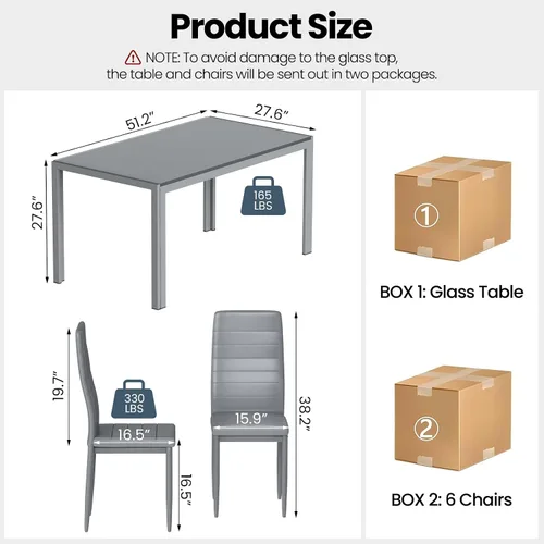 Miniatura 2 de DKLGG Juego de mesa de comedor de 7 piezas para 6, mesa de cocina de vidrio templado con sillas de cuero PU, juego de mesa de comedor moderno