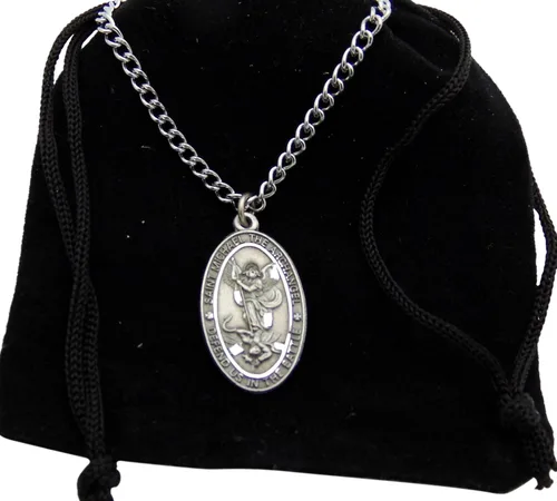 Miniatura 2 de Medalla de peltre de San Miguel colgante ovalado de 1 pulgada en cadena de acero inoxidable de 24 pulgadas, regalo, Peltre Acero inoxidable