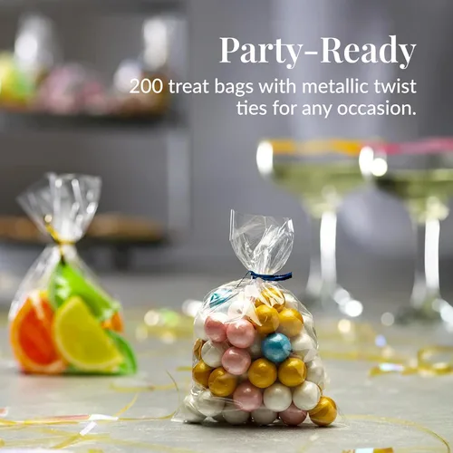 Miniatura 4 de Prestee, 200 bolsas de celofán transparente de plástico - 4x6 con lazos de 10 cm, bolsas para caramelos y galletas, bolsas de regalo con lazos
