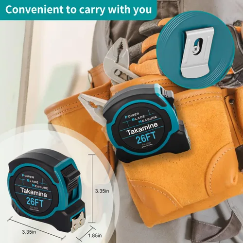 Miniatura 6 de Takamine Cinta métrica profesional de 26 pies, 1/8 fracción cinta métrica retráctil fácil de leer, con gancho magnético, bloqueo manual, carcasa