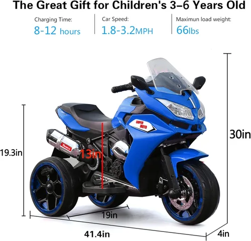 Miniatura 2 de TAMCO - Motocicleta eléctrica para niños con 3 ruedas, recargable, con ruedas ligeras (azul)