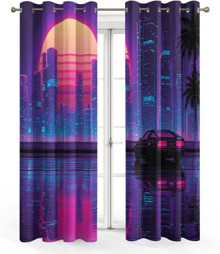 Miniatura 2 de Neon Palm Tree Curtains for Living Room, Synthwave Aesthetic Blackout Curtains for Bedroom, Grommet Drapes 39 Inch Length 2 Panels Set, Neon Palm