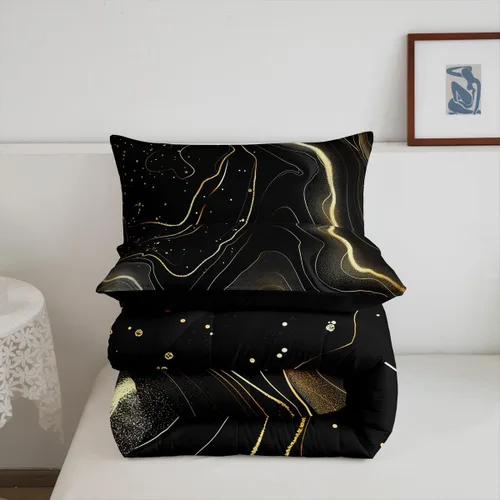 Miniatura 5 de Erosebridal Juego de edredón de mármol negro y dorado tamaño Queen, juego de ropa de cama con purpurina, líneas blancas y doradas con textura Marble