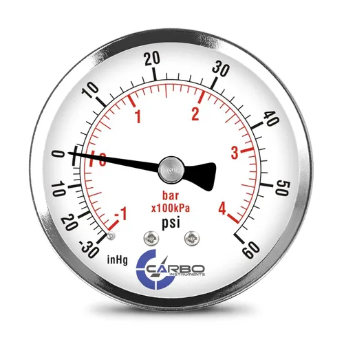 Miniatura 24 de Medidor de presión de 2-1/2 pulgadas, carcasa de acero cromado, seco, vacío compuesto -30 Hg - 0-15 psi montaje trasero 1/4 pulg. NPT
