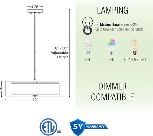 Miniatura 4 de Kira Home Lindos - Lámpara colgante moderna de doble tambor de 20 pulgadas, lámpara de araña de 3 luces con pantalla exterior transparente e