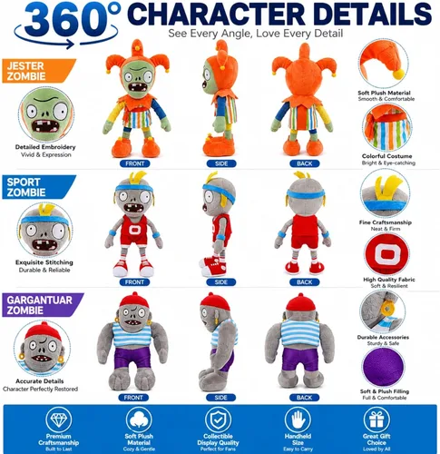 Miniatura 4 de Dyharnsty 3 piezas de juguetes de peluche de Plants vs Zombies, Zombie Sport Jester Gargantuar Zombi, figura suave, plantas contra zombies, juguetes