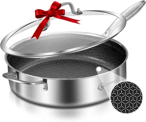 Miniatura 13 de LOLYKITCH Sartén tricapa de acero inoxidable de cuerpo entero de 5.5 QT con tapa, sartén para freír de 12 pulgadas, olla grande, apta para Plateado