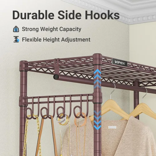 Miniatura 5 de VIPEK R2 Plus - Perchero con ruedas para colgar ropa, resistente, 3 niveles, ajustable, de alambre de metal, con ganchos laterales, organizadores