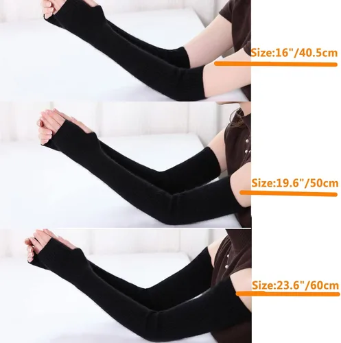Miniatura 39 de Facecozy Calentadores de brazos para mujer, mezcla de lana de cachemira, guantes largos sin dedos para mujer, guantes para clima frío con agujero