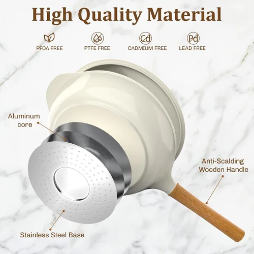 Miniatura 5 de Sartén antiadherente con tapa, sartén de 10 pulgadas de profundidad, sartén de cerámica sin toxinas, estilo Wabi-Sabi saludable y no tóxica