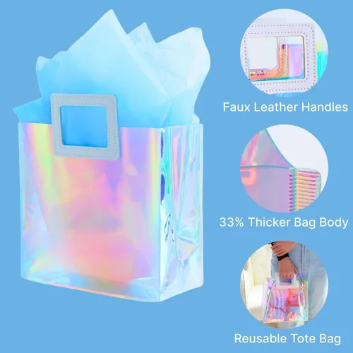 Miniatura 4 de Bolsa de regalo pequeña holográfica de 8.3'' con papel de seda, bolsa de regalo reutilizable para cumpleaños para niñas y mujeres, bolsa iridescente