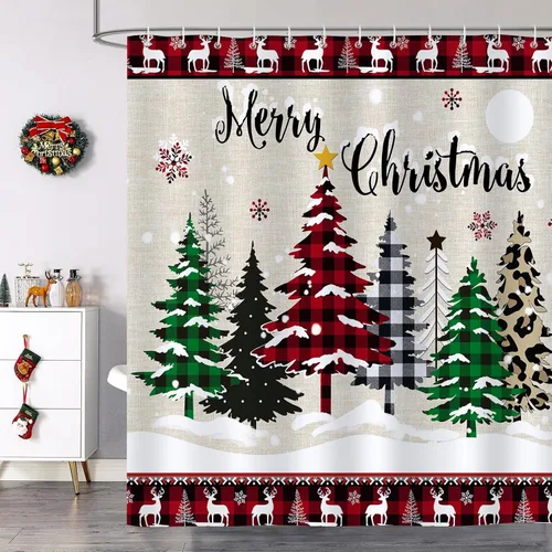 Miniatura 2 de Bonhause Cortina de ducha con diseño de árbol de Navidad, diseño de ciervo, diseño de árbol de Navidad, decoración de baño, 72 x 72 pulgadas, tela