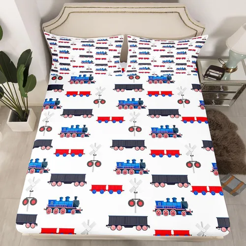 Miniatura 14 de Juego de sábanas bajeras ajustables para niños, diseño de caricaturas, camiones, tamaño individual, juegos de ropa de cama de excavadoras, camiones