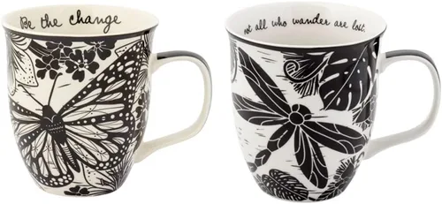 Karma Taza bohemia de 16 onzas con diseño de mariposa y libélula en blanco y negro, bonita taza de café y té, cerámica, 16 onzas, redonda, para