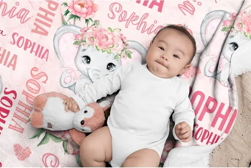 Miniatura 4 de Manta personalizada de elefante para bebés, manta de franela rosa personalizada con nombre para niñas y niños, mantas suaves para sofá y cama
