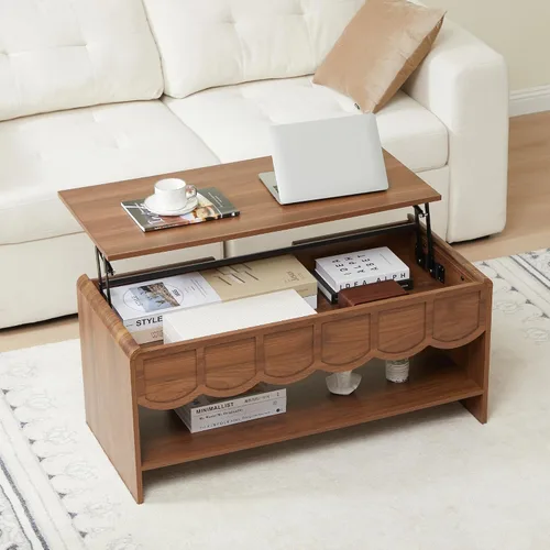 Miniatura 8 de Mesa de centro elevable con compartimento oculto, mesa central de madera de 2 niveles con panel ondulado, moderna mesa elevadora para el hogar, sala