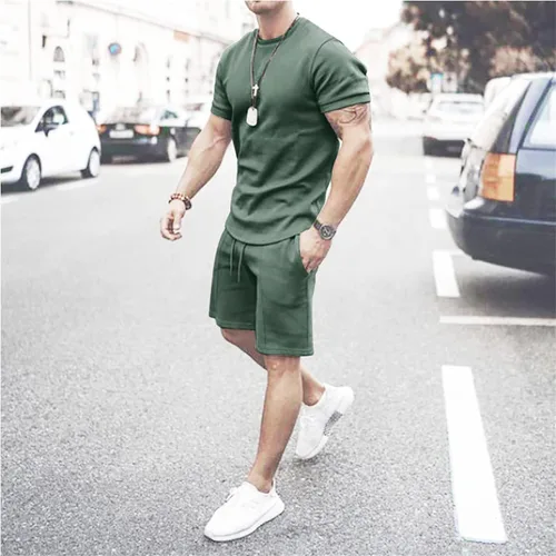 Miniatura 2 de Men's 2 Piece Short Set Trendy Plain Short Sleeve Tshirts and Elastic Shorts Sport Suit Workout Casual Tracksuits