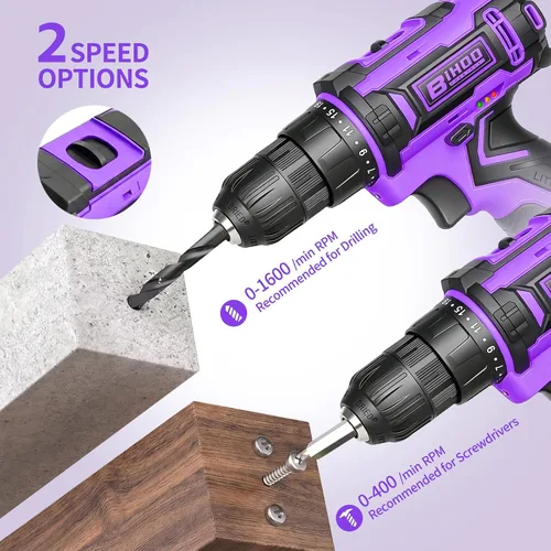 Miniatura 5 de Purple 20V Cordless Drill Electric Drill set, Electric Screwdriver with 2 Batteries & Charger, 3/8" Keyless Chuck, 25+1 Torque 2-Speed Hammer Drill