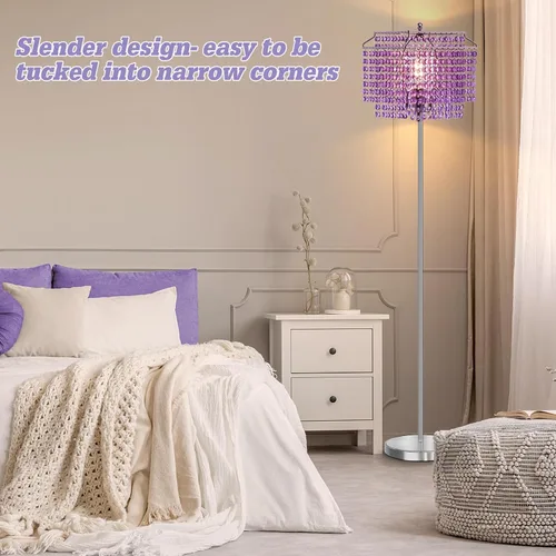 Miniatura 5 de Lámpara de pie de cristal morado, lámparas de pie de 64 pulgadas de alto con pantalla de doble capa, elegante lámpara de pie con interruptor de pie