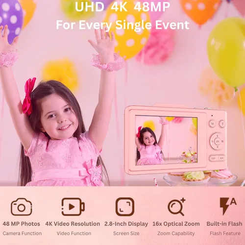 Miniatura 2 de Cámara digital 4K – Fotos de 48 MP, tarjeta SD de 32 GB y cordón incluidos, apta para viajes, cámara digital de apuntar y disparar, tamaño infantil