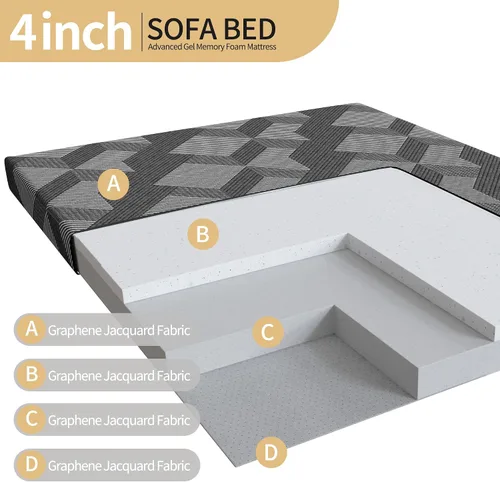 Miniatura 4 de Colchón para sofá cama de 4 pulgadas, repuesto de espuma viscoelástica de gel con funda de patrón geométrico transpirable lavable, soporte