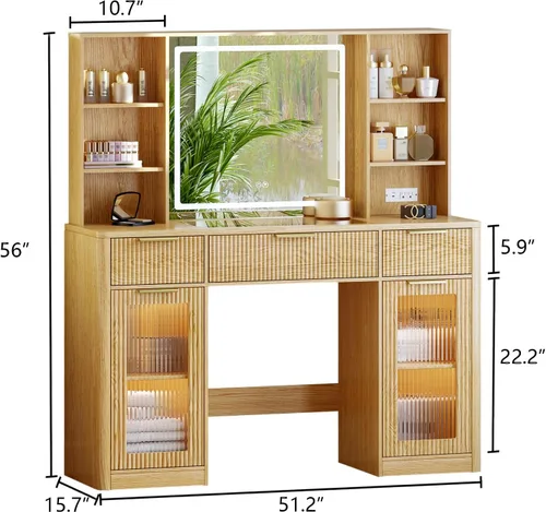 Miniatura 4 de Tocador grande de 47 pulgadas, moderno escritorio de maquillaje acanalado con espejo y luces, tocador superior de cristal con 3 cajones y 2 armarios