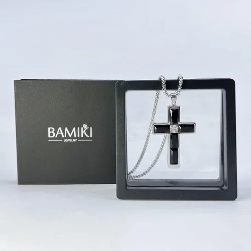 Miniatura 34 de Collar de cruz para hombre, piedras preciosas de color piedra natal de circonita cúbica, collar de acero inoxidable para hombre, cadena de 24