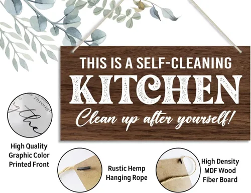 Miniatura 2 de Kitchen Rules - Letrero decorativo de madera con texto en inglés "This is a Self-Cleaning Kitchen, placa de madera impresa colgante, letrero