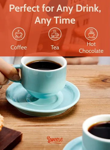 Miniatura 4 de Sweese - Juego de 4 tazas de porcelana apilables de 2.5 onzas para café expreso, con platillos y soporte de metal, color turquesa