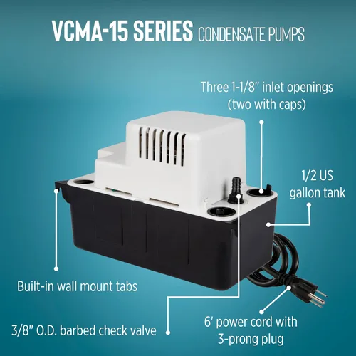 Miniatura 3 de Bomba de extracción de condensación Little Giant/Franklin Electric 554401, capacidad de 5 galones, 25-gph, VCMA-15UL, 15 volts