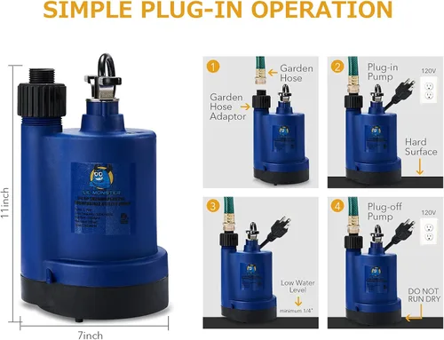 Miniatura 4 de Bomba de agua sumergible para uso general, termoplástica de 1/4 HP, eliminación de agua eléctrica portátil para sótanos, espacios de arrastre