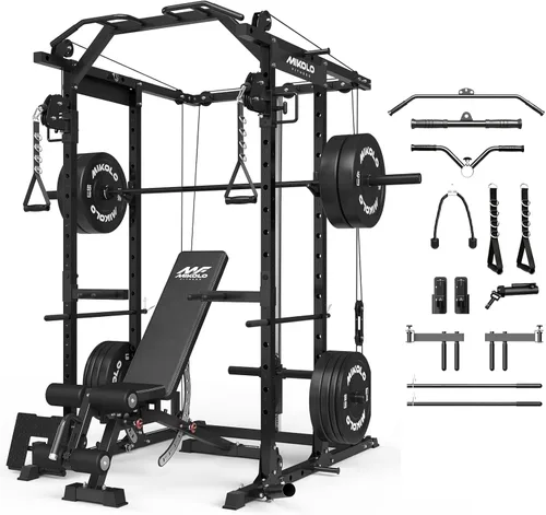 Miniatura 19 de Mikolo Jaula de Potencia, Rack de Potencia con Sistema de Cruce de Cables, 1500LBS Rack para Sentadillas con Sistema de Jalón LAT, Jaula de Rojo