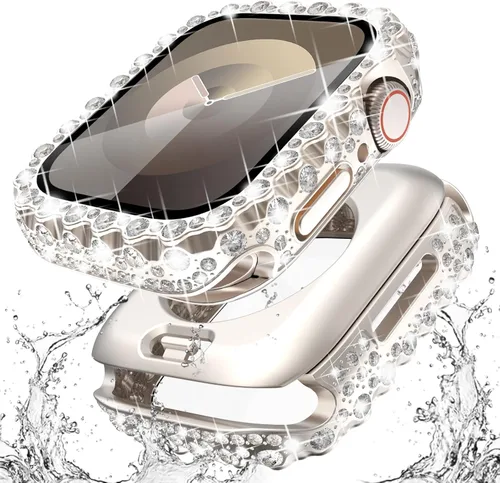 Miniatura 14 de Surace Estuche 2 en 1 impermeable brillante compatible con Apple Watch Series 9/8/7 de 45 mm, protector de pantalla, borde de encaje, diamante
