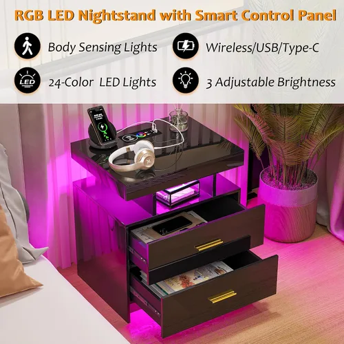Miniatura 9 de Mesita de noche LED con estación de carga, moderna mesita de noche negra con luz de sensor corporal, mesita de noche con 2 cajones de almacenamiento