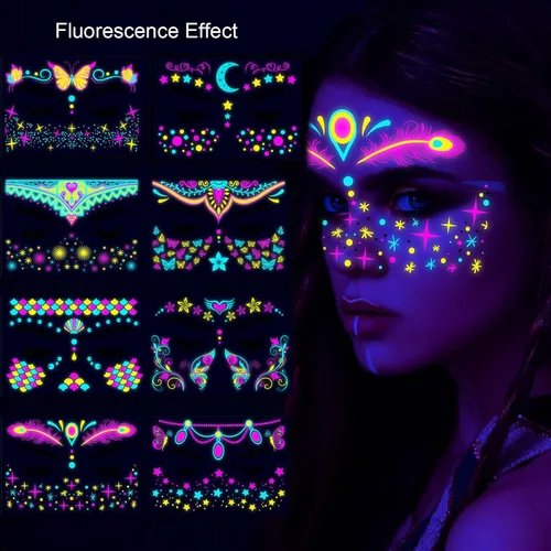 Miniatura 2 de Tatuajes faciales de neón que brillan en la oscuridad, tatuajes temporales con luz negra UV, calcomanías para cuerpo, cara, flores, tatuaje