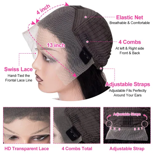 Miniatura 3 de Pelucas de cabello humano ondulado con encaje frontal de 13 x 4 para mujeres negras, sin pegamento, 22 pulgadas